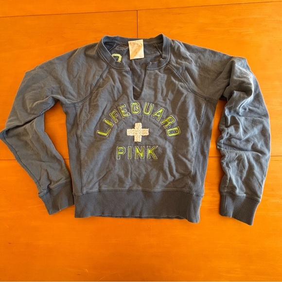 Victoria’s Secret Pink small blue green 86 logo crop blue lifeguard sweatshirt - Picture 2 of 9